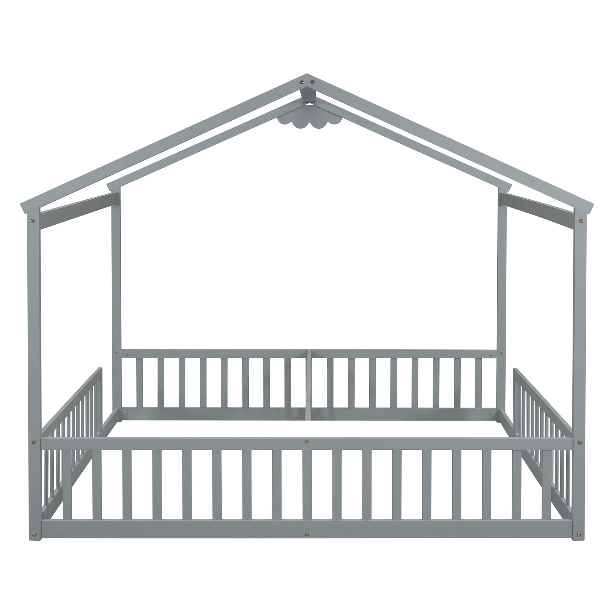 Gray Double Twin House-Style Toddler Floor Bed with Fence and Guardrails