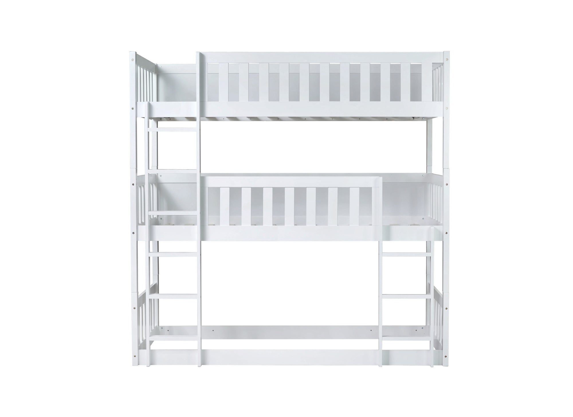 Detachable Twin Size Triple Bunk Bed with Ladders and Guardrails in White