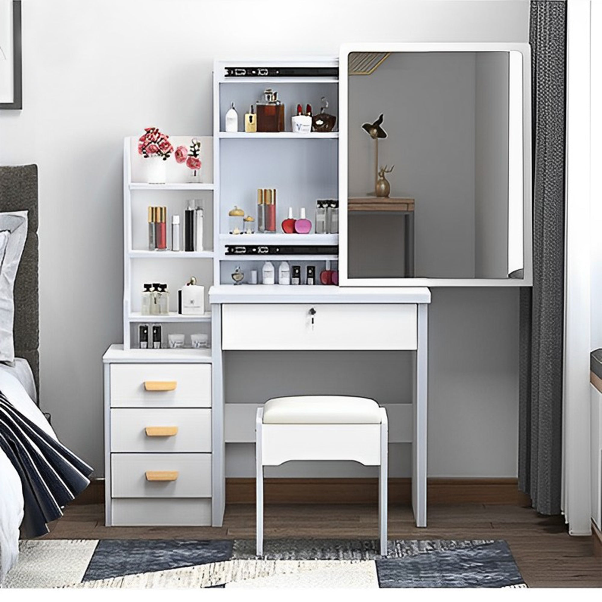 Vanity Desk with Adjustable Lights and 4 Drawers In White