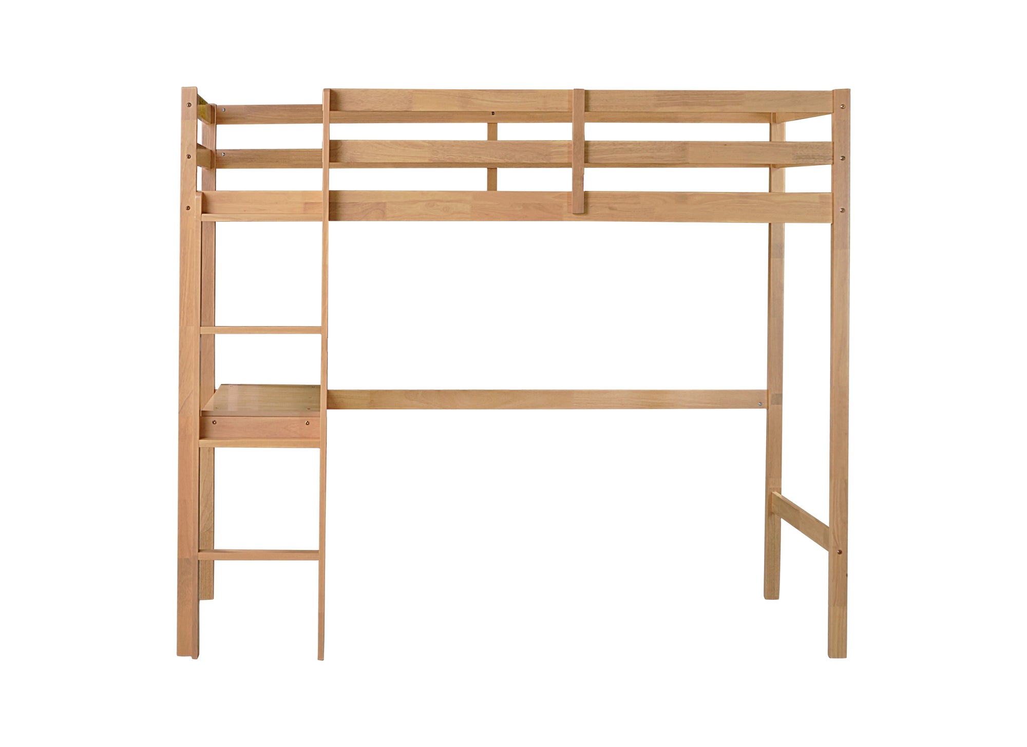 White Oak Twin High Loft Bed with Desk, Rubber Wood Frame