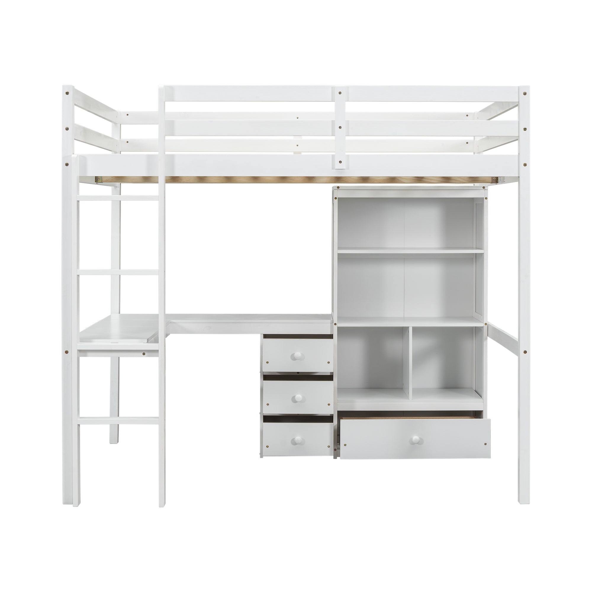 White Full Size Loft Bed with Desk, Storage Shelves, Drawers, and Built-in Ladder