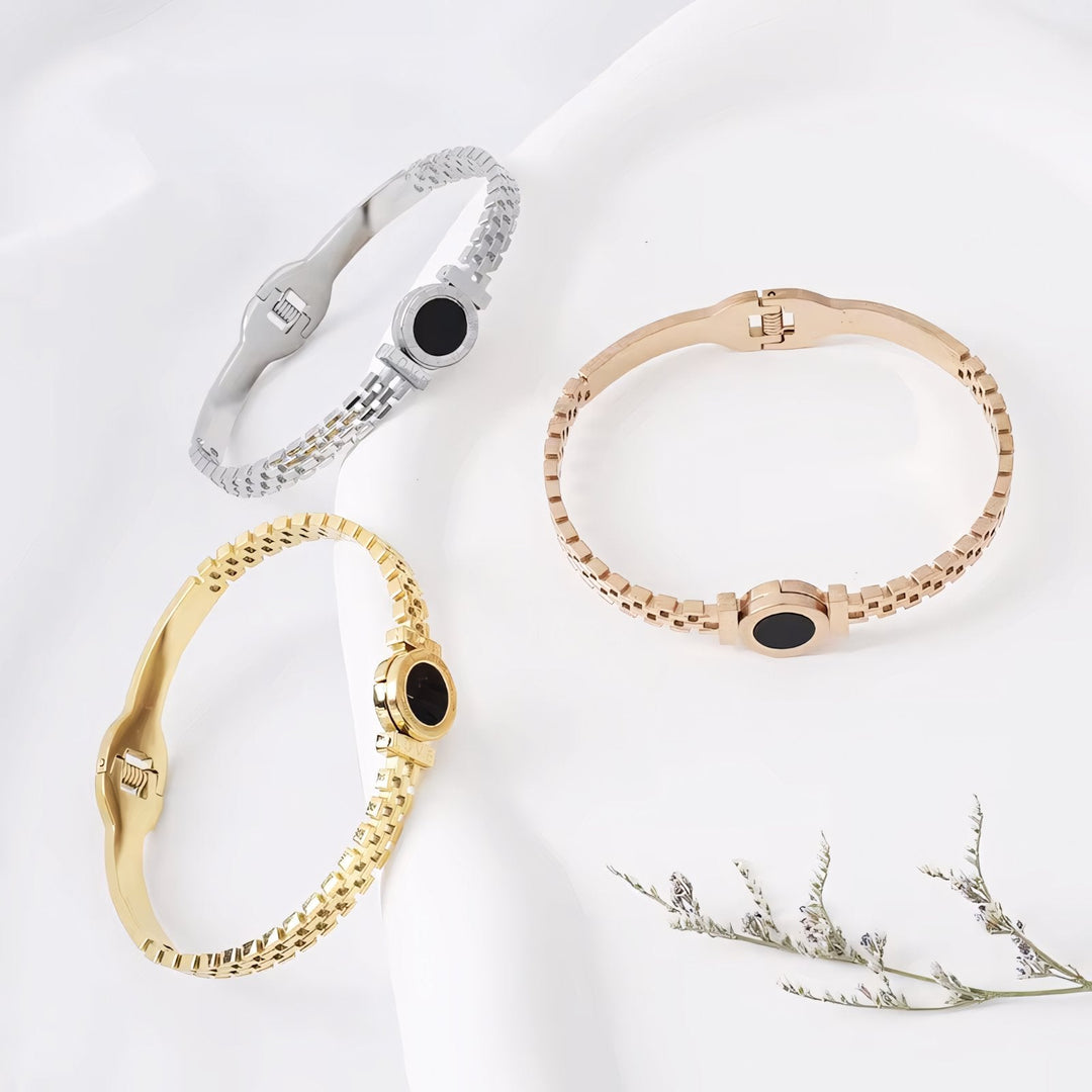 Black Center Roman Numeral Accented Bangle Bracelet