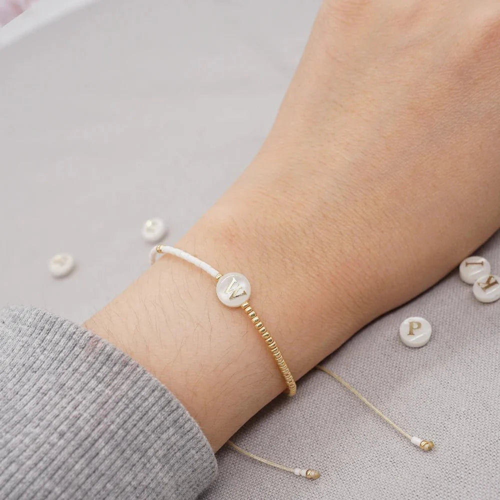Boho White & Gold Beaded Letter Initial Beaded Bracelets