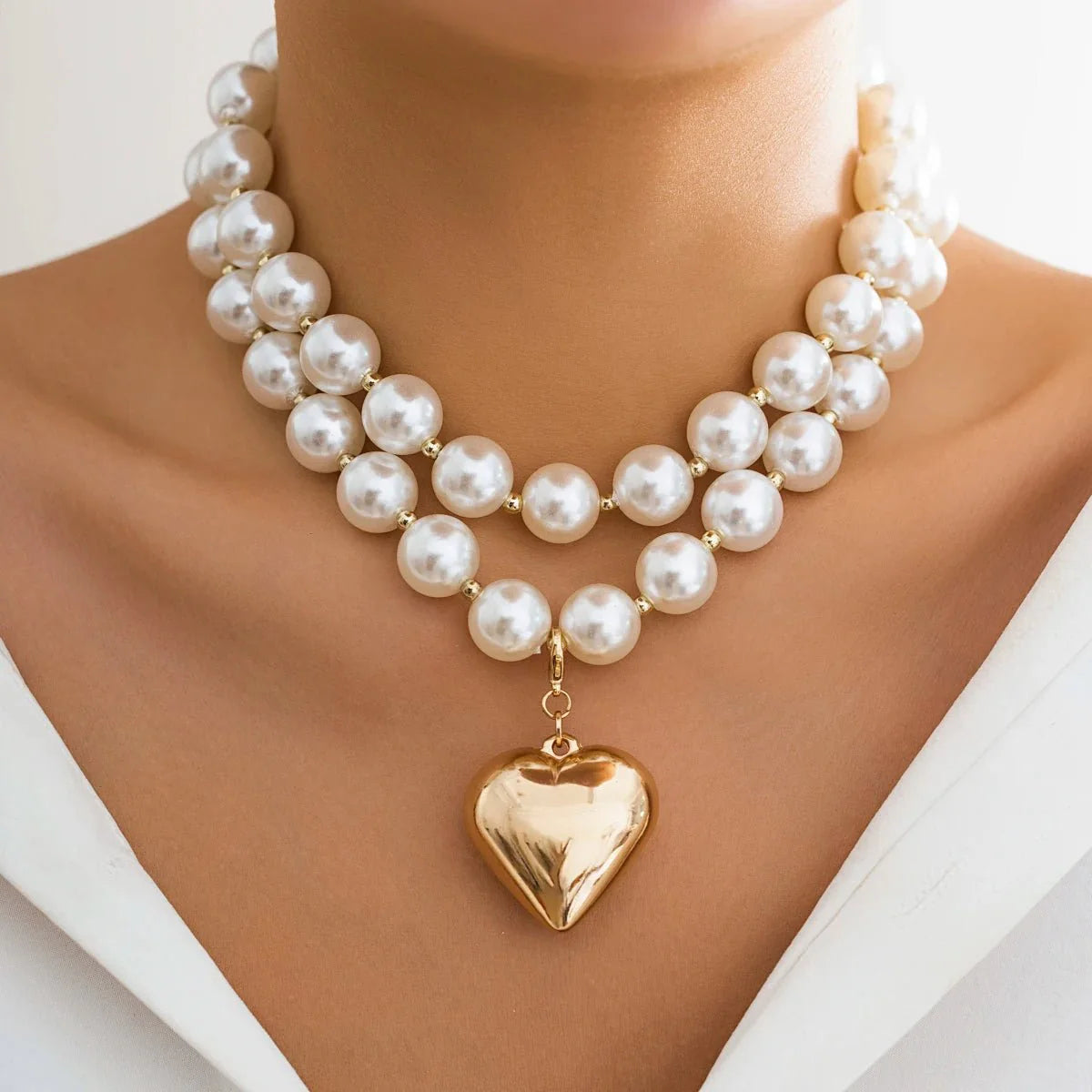 Bold statement pearl layered heart necklace 393421