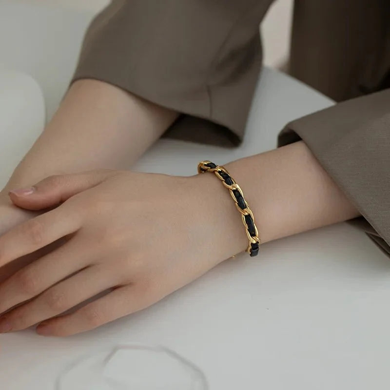 Braided Gold and Black Chain Leather Bracelet
