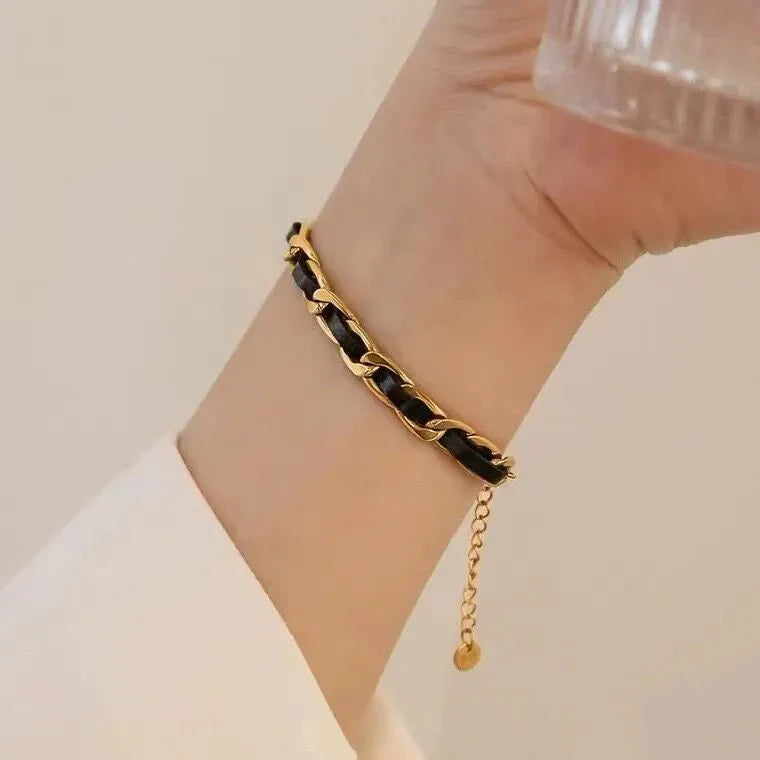 Braided gold and black chain leather bracelet 344157