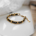 Load image into Gallery viewer, Braided Gold and Black Chain Leather Bracelet
