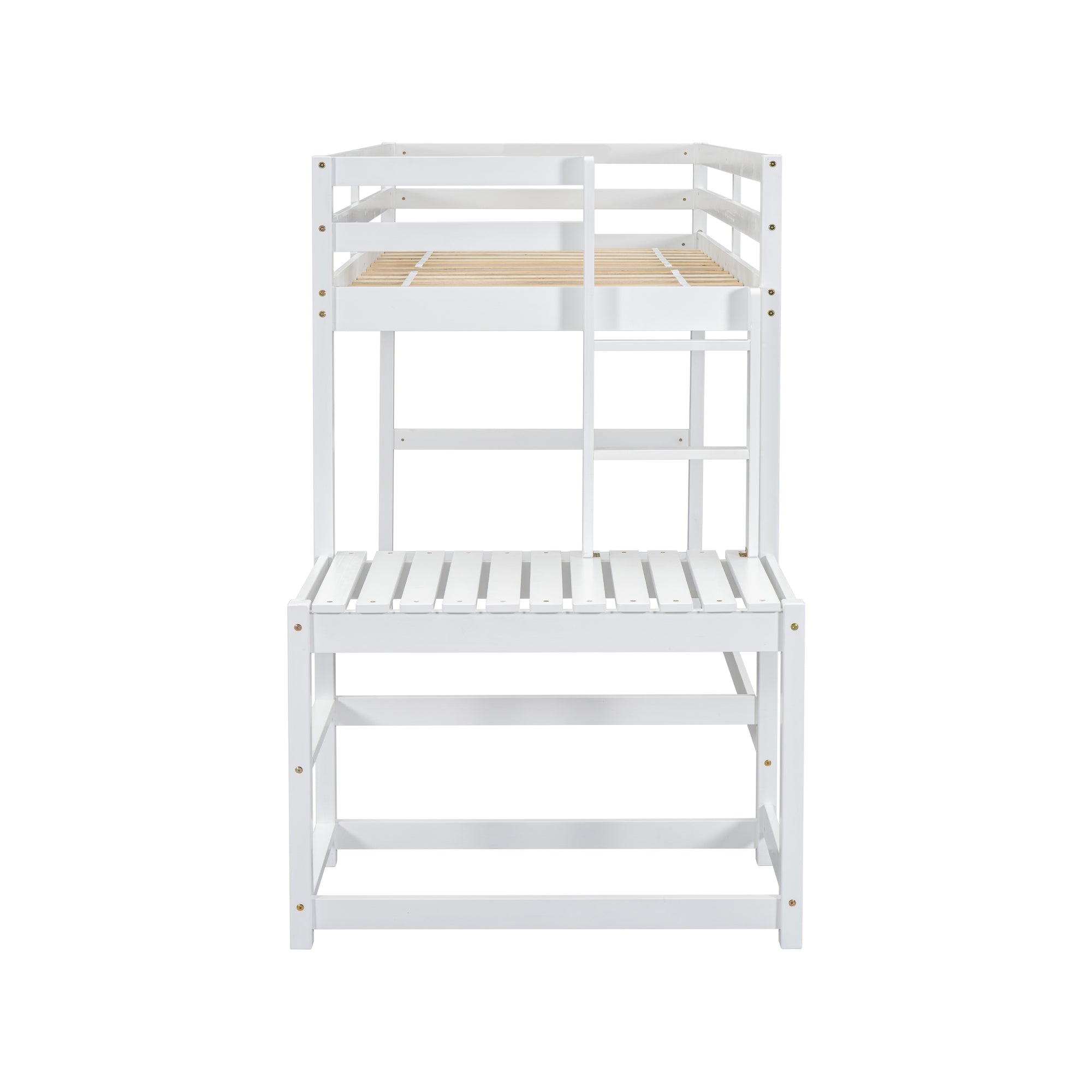 White Twin High Loft Bed with Ladder Landing Platform, Ladders, and Guardrails