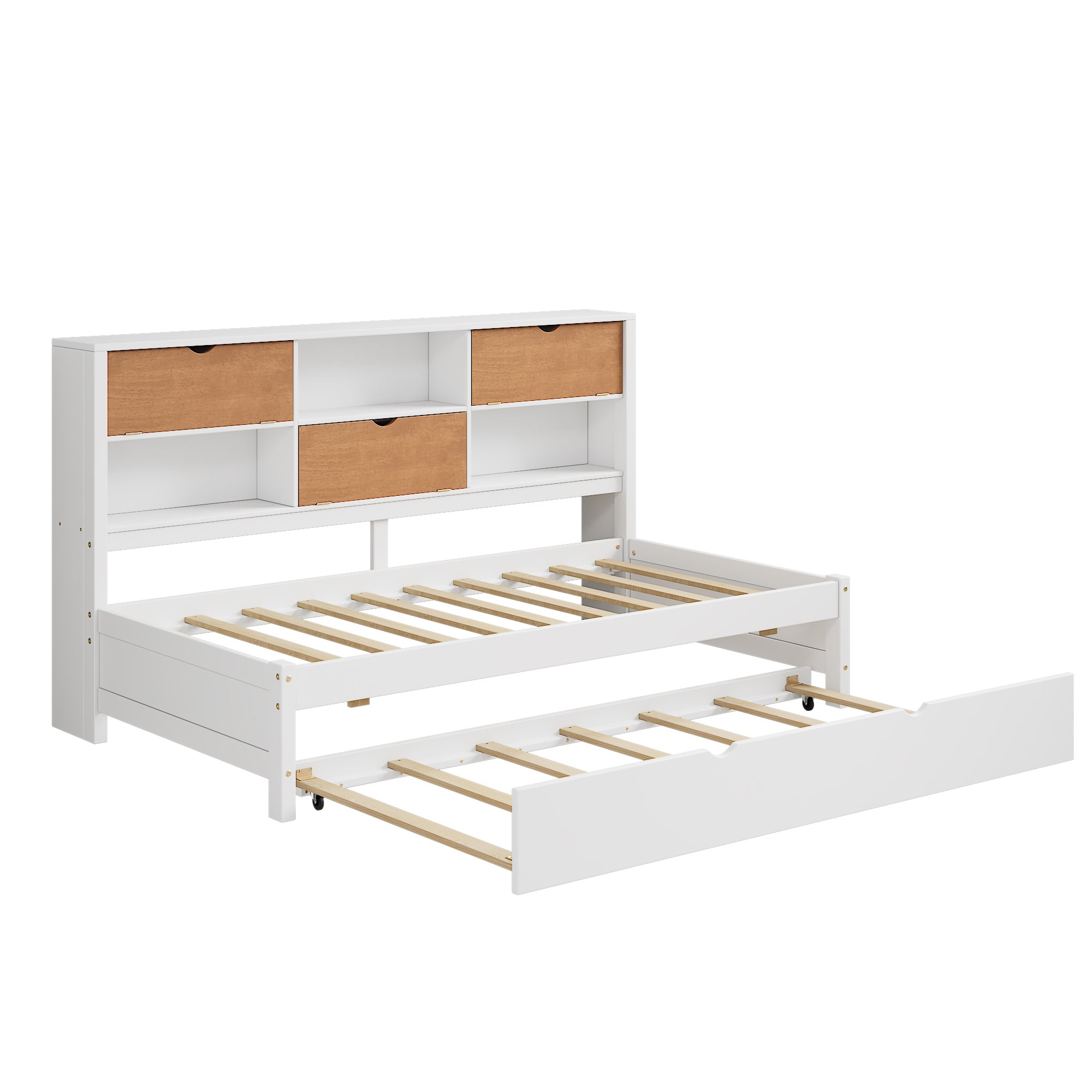 White & Walnut Twin Modern Daybed with Storage Cabinets and Trundle