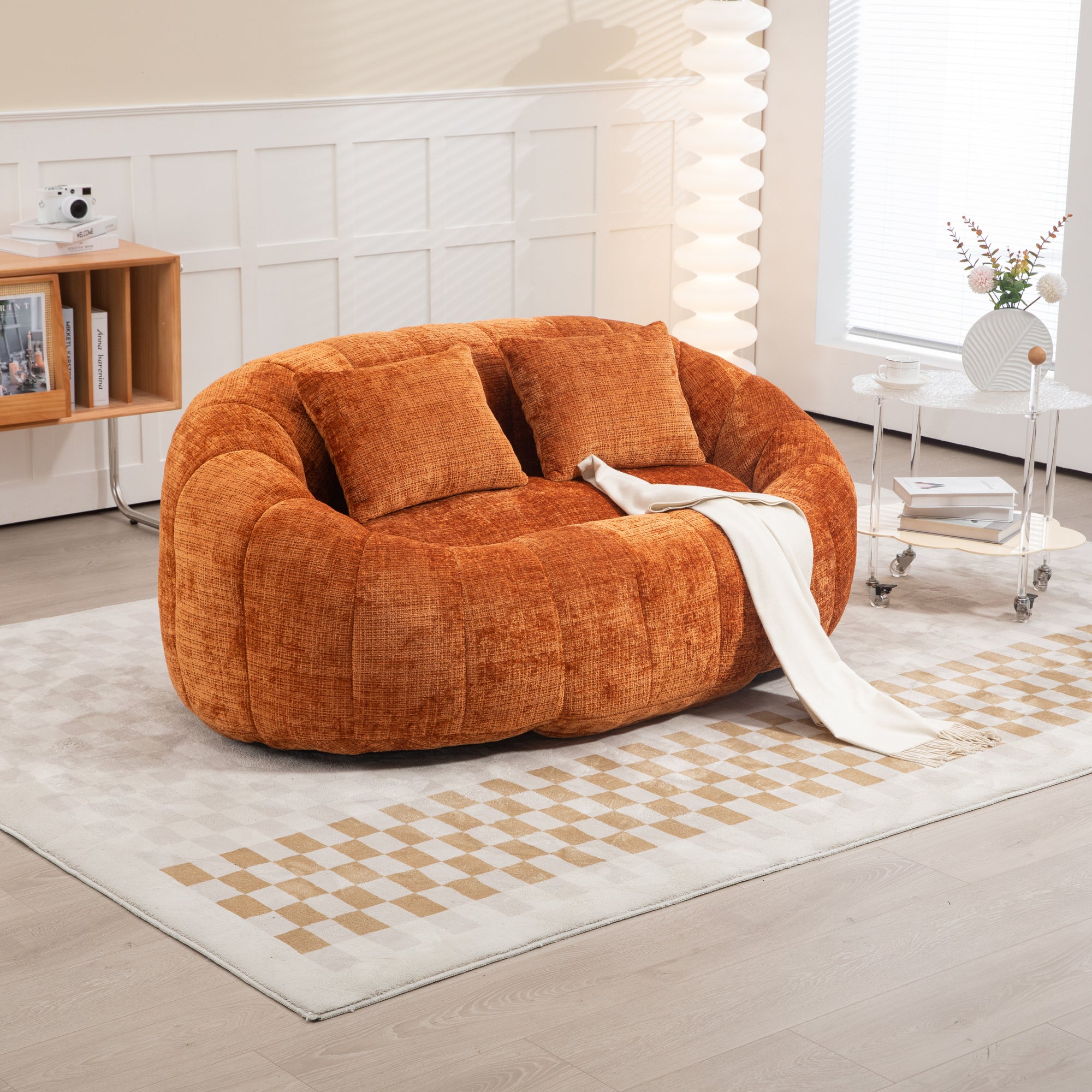 Comfortable High-Back Bean Bag Couch in Orange Chenille