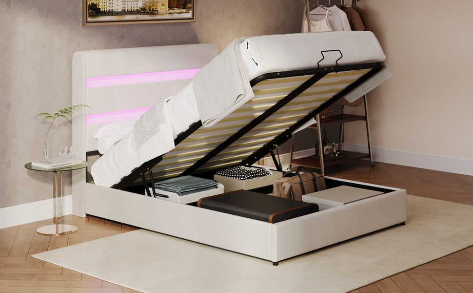 Beige Queen Size Hydraulic Storage Bed with Velvet Upholstery and RGB LED Lighting