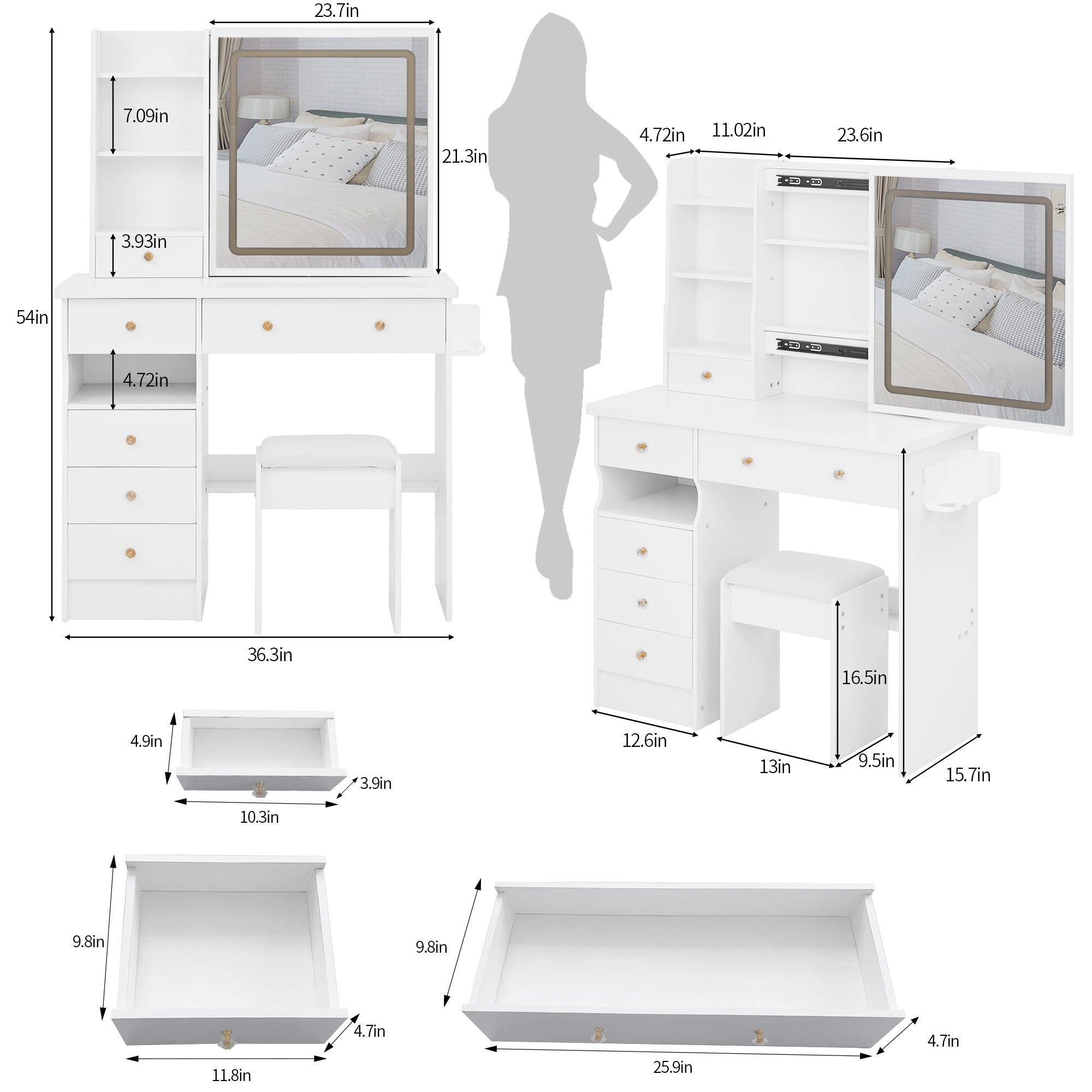 37 Inch Left Drawer Desktop Vanity Table With USB Ports LED Mirror Cushioned Stool Hair Dryer Stand In White