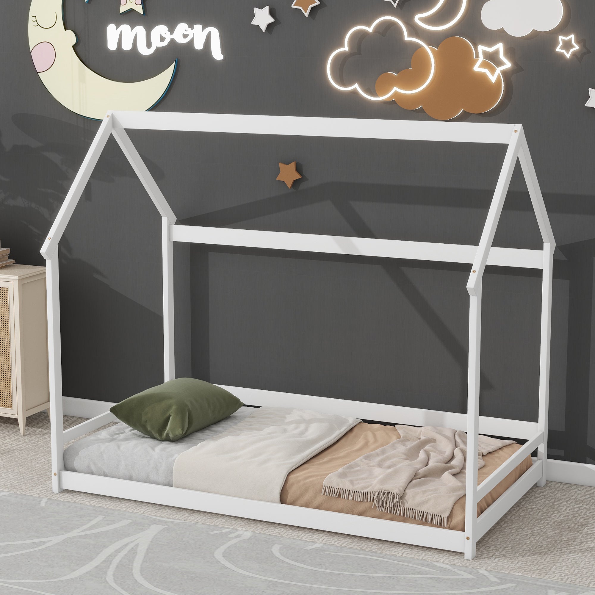 Twin Size Wood House-Shaped Floor Bed with Storage Shelf and Hanger in White