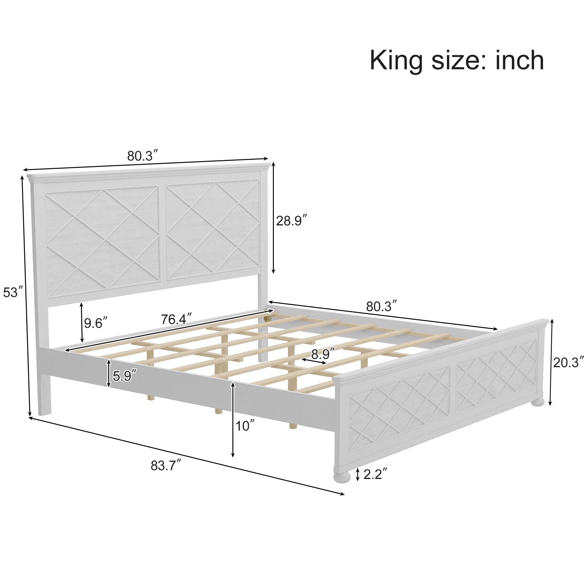 Coastal King Size Farmhouse Solid Wood Bed Frame in Antique White