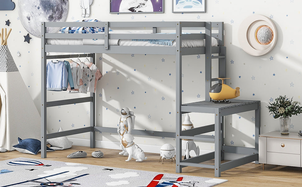 Gray Twin High Loft Bed with Ladder Landing Platform and Guardrails