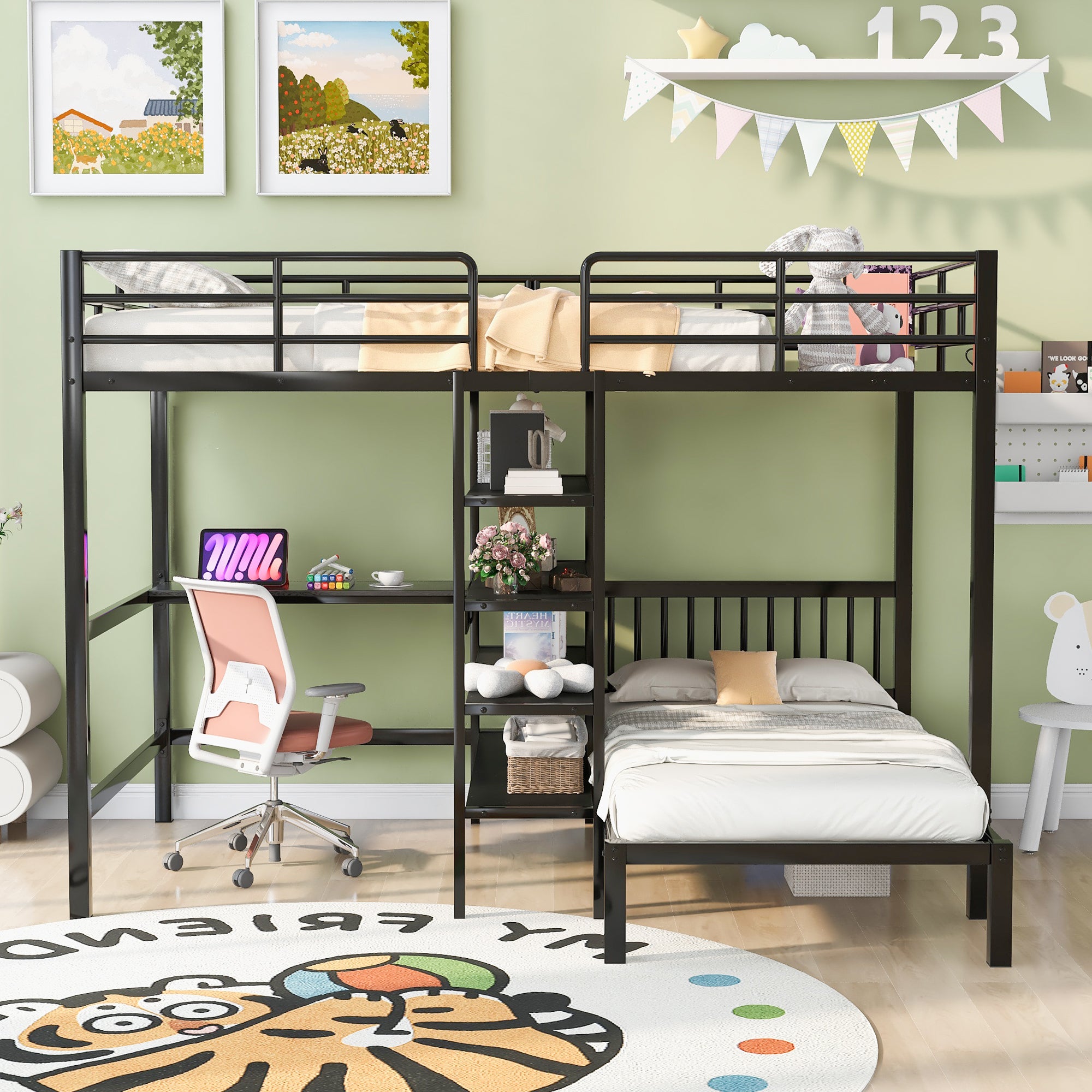 Full Over Twin Metal Bunk Bed with Built-in Desk and Shelves In Black