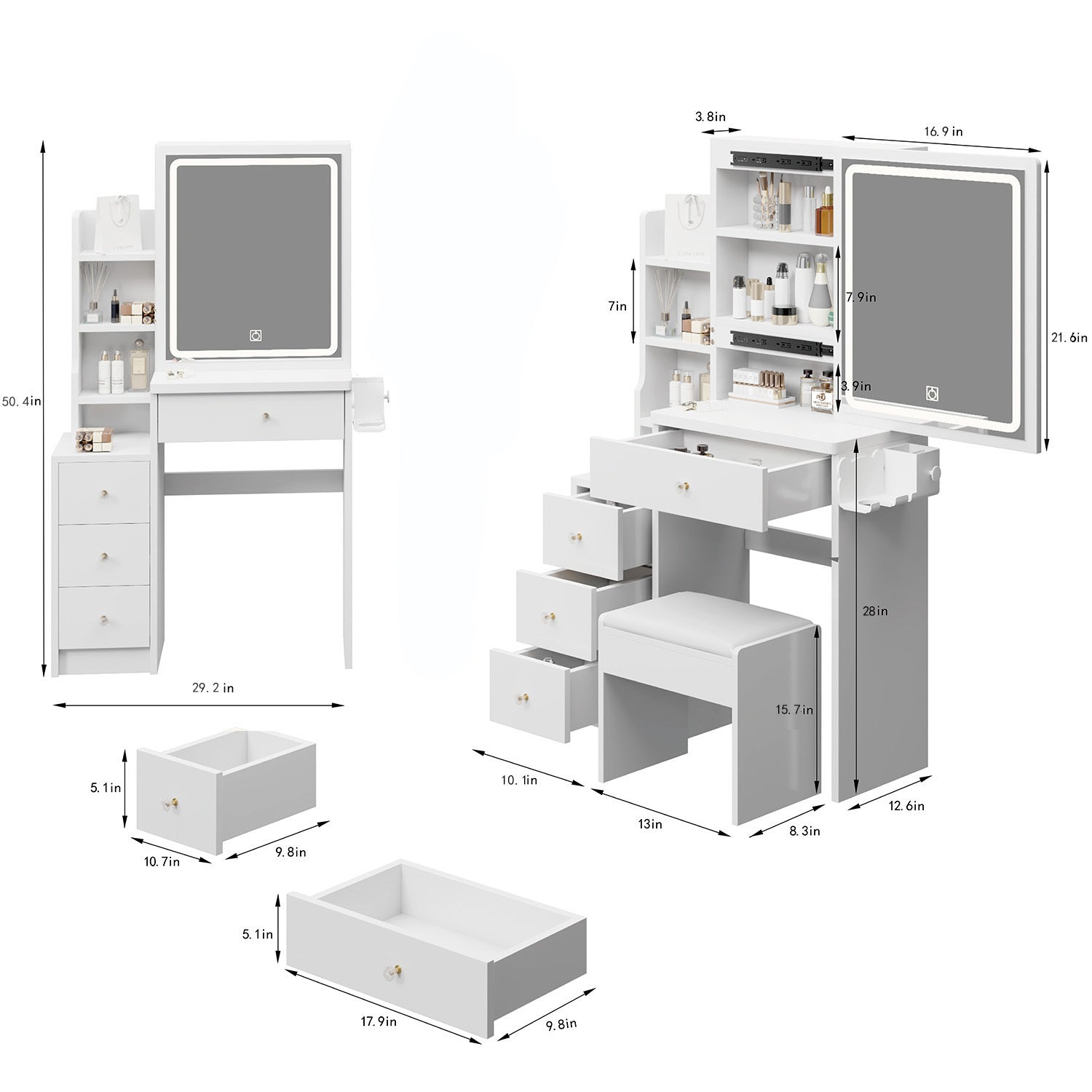 Small Space Left Bedside Cabinet Vanity Table With Cushioned Stool, 2 AC+2 USB Power Station, Touch Control LED Mirror In White