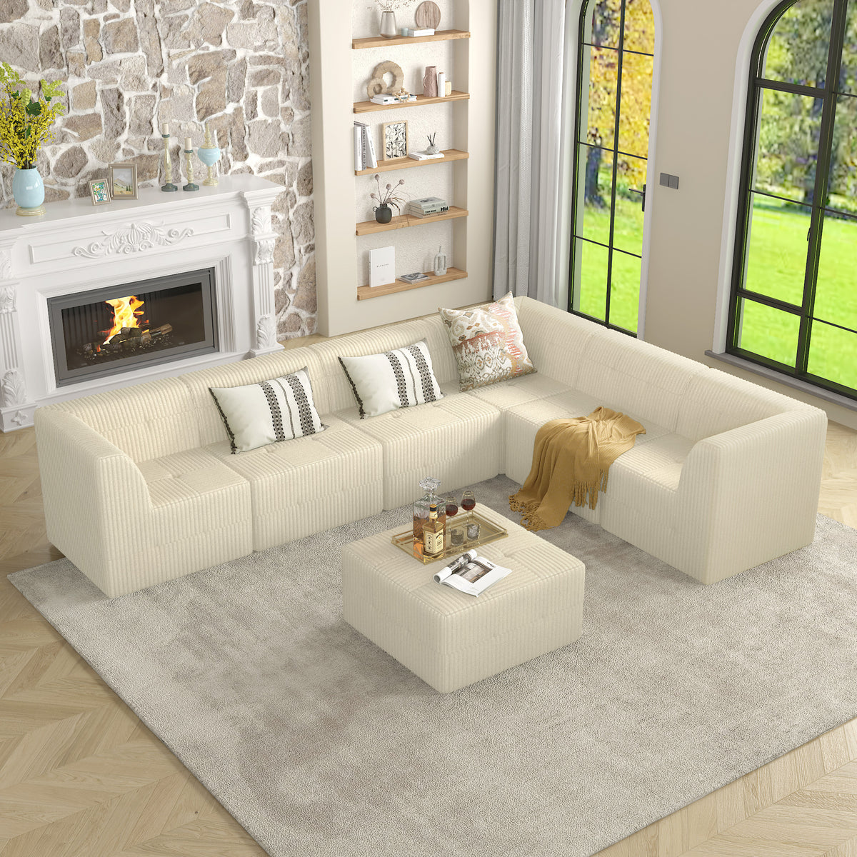 7-Seater Beige Terrycloth Modular Sofa With Minimalist Design