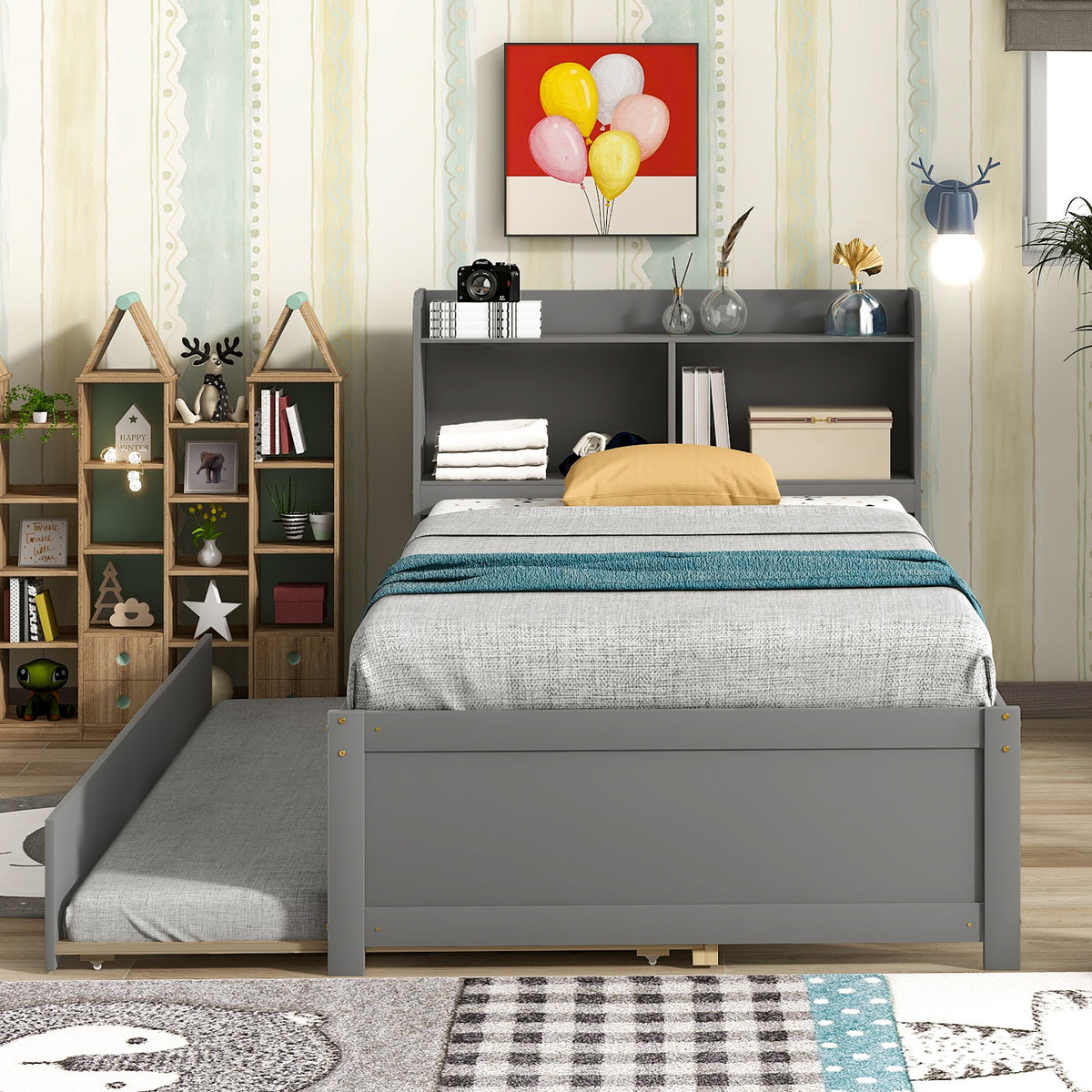 Twin Bed with Trundle &amp; Storage Headboard In Gray