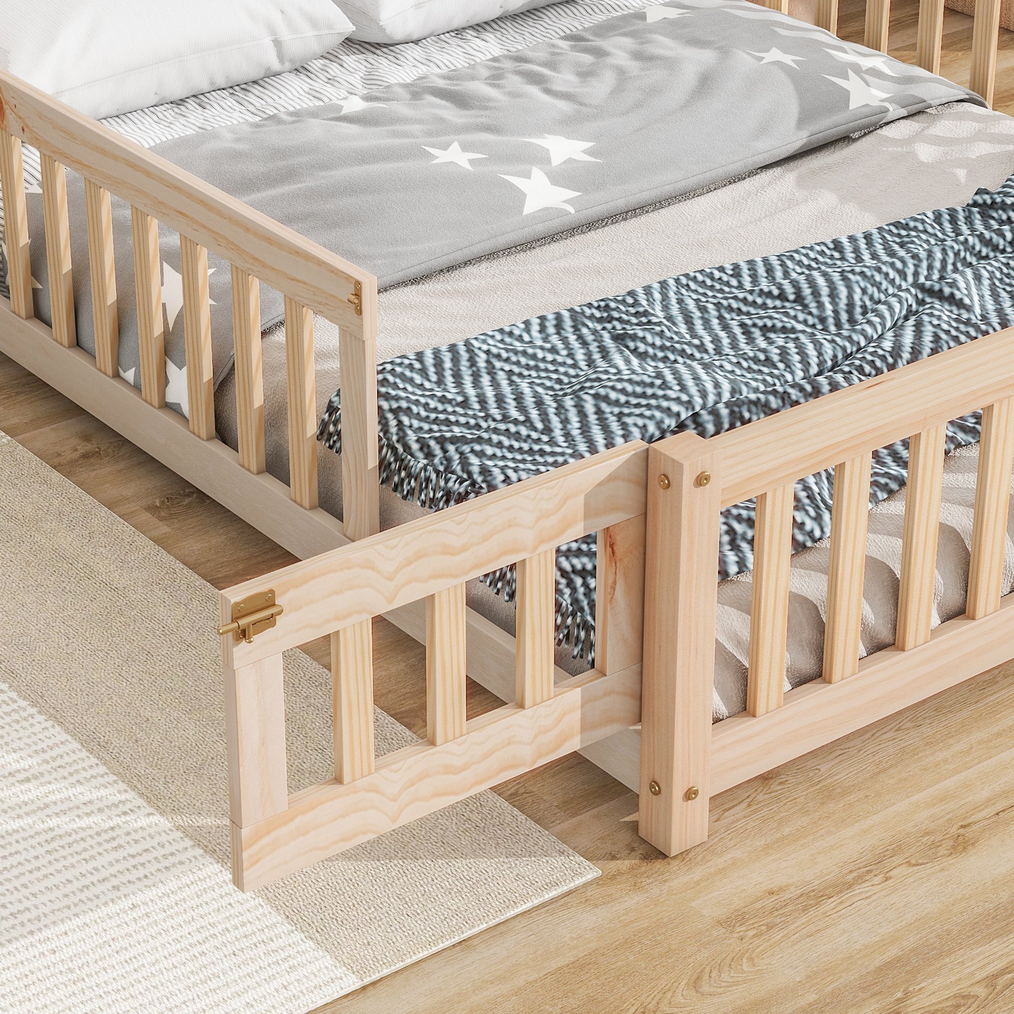 Natural Tone Full House-Shaped Headboard Floor Bed with Fence