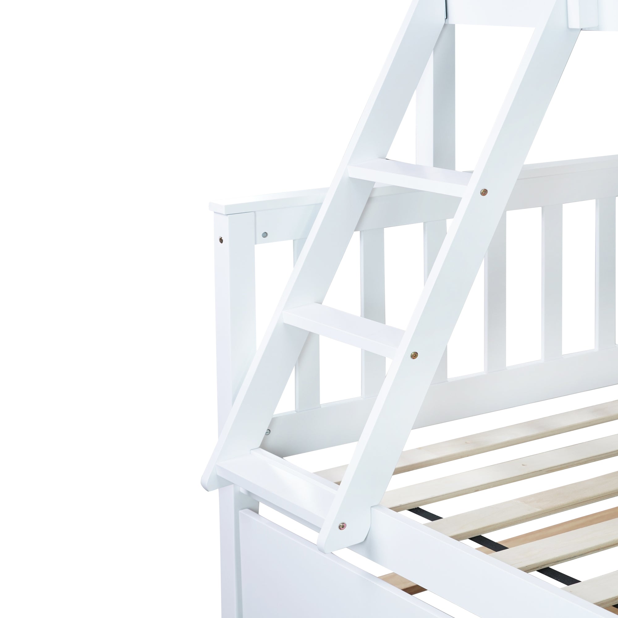 White Twin Over Full Rubber Wood Bunk Bed with Trundle, Detachable Ladder, and Guardrails