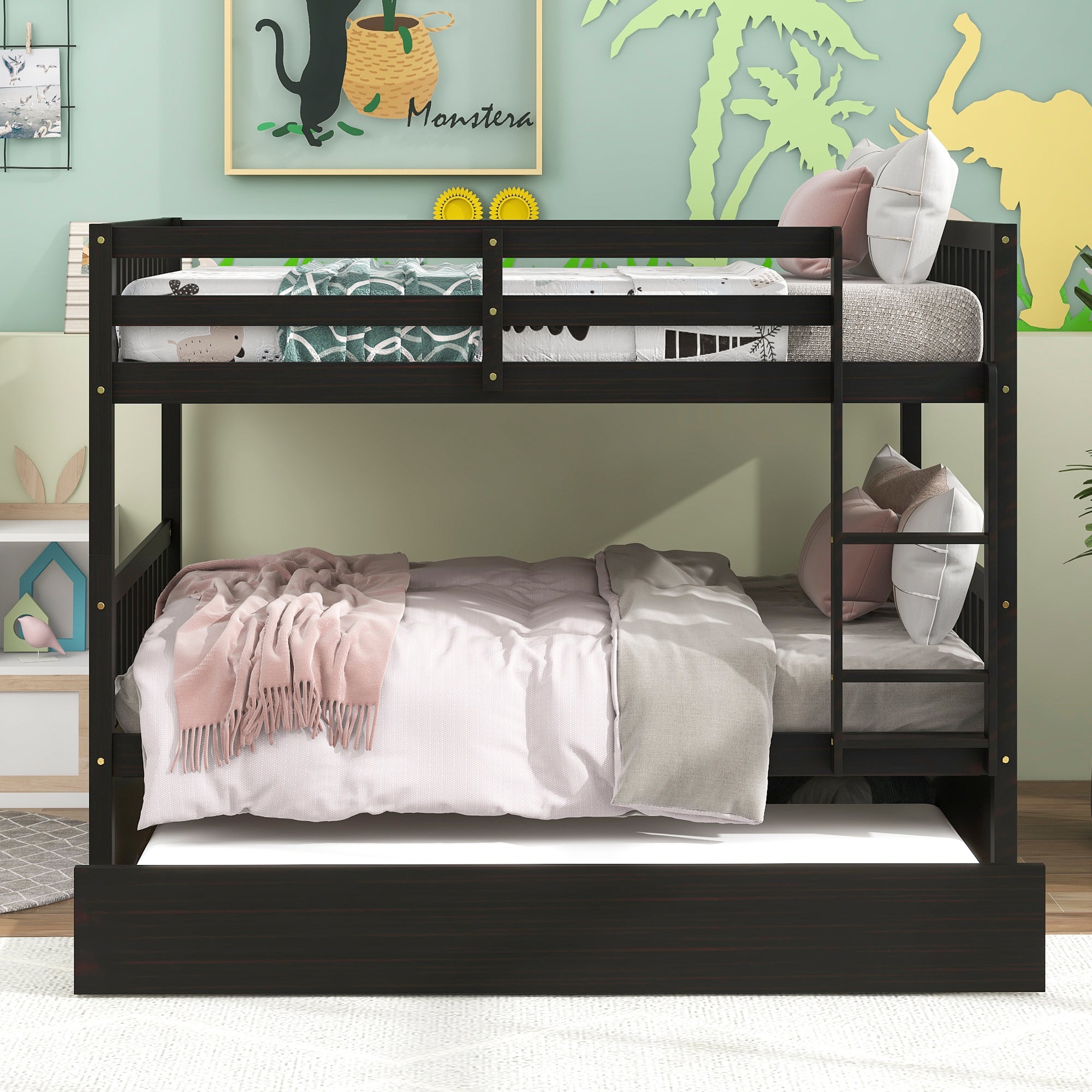 Espresso Full Over Full Bunk Bed with Trundle, Convertible to Two Full-Size Beds