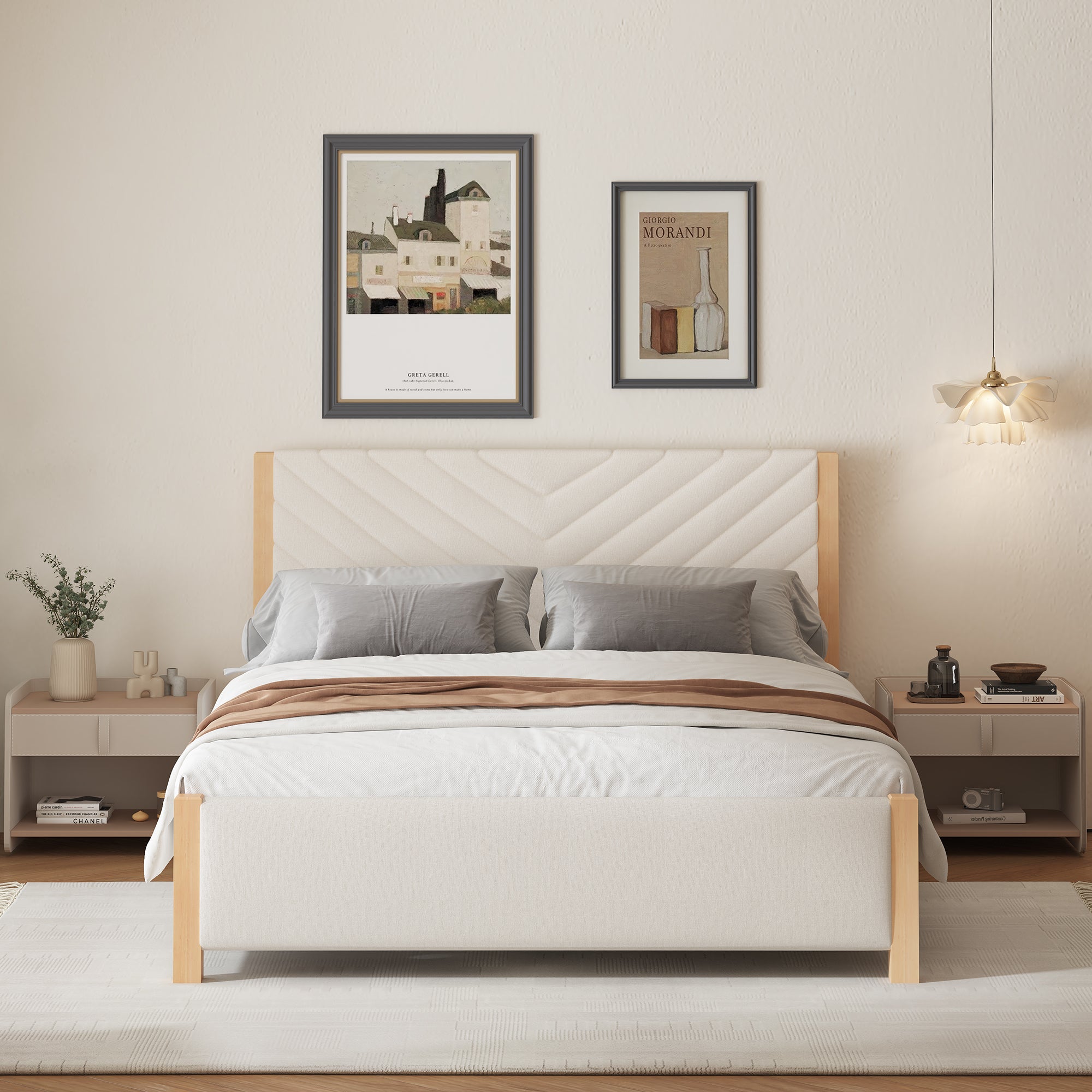 Queen Mid-Century Modern Tufted Headboard and Solid Wood Leg Bed Frame