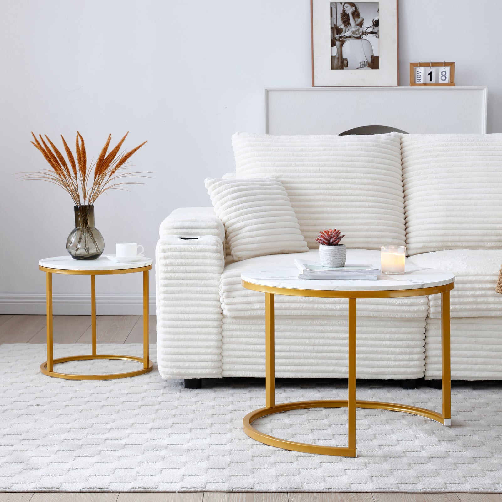 Set 2 Nesting Coffee Table in White & Gray with Round Golden Frame