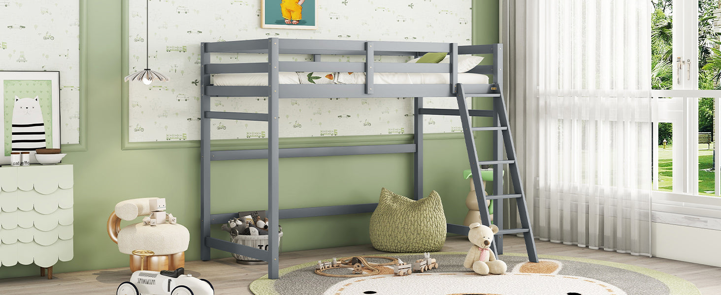 Gray Twin Size High Loft Bed with Inclined Ladder and Guardrails