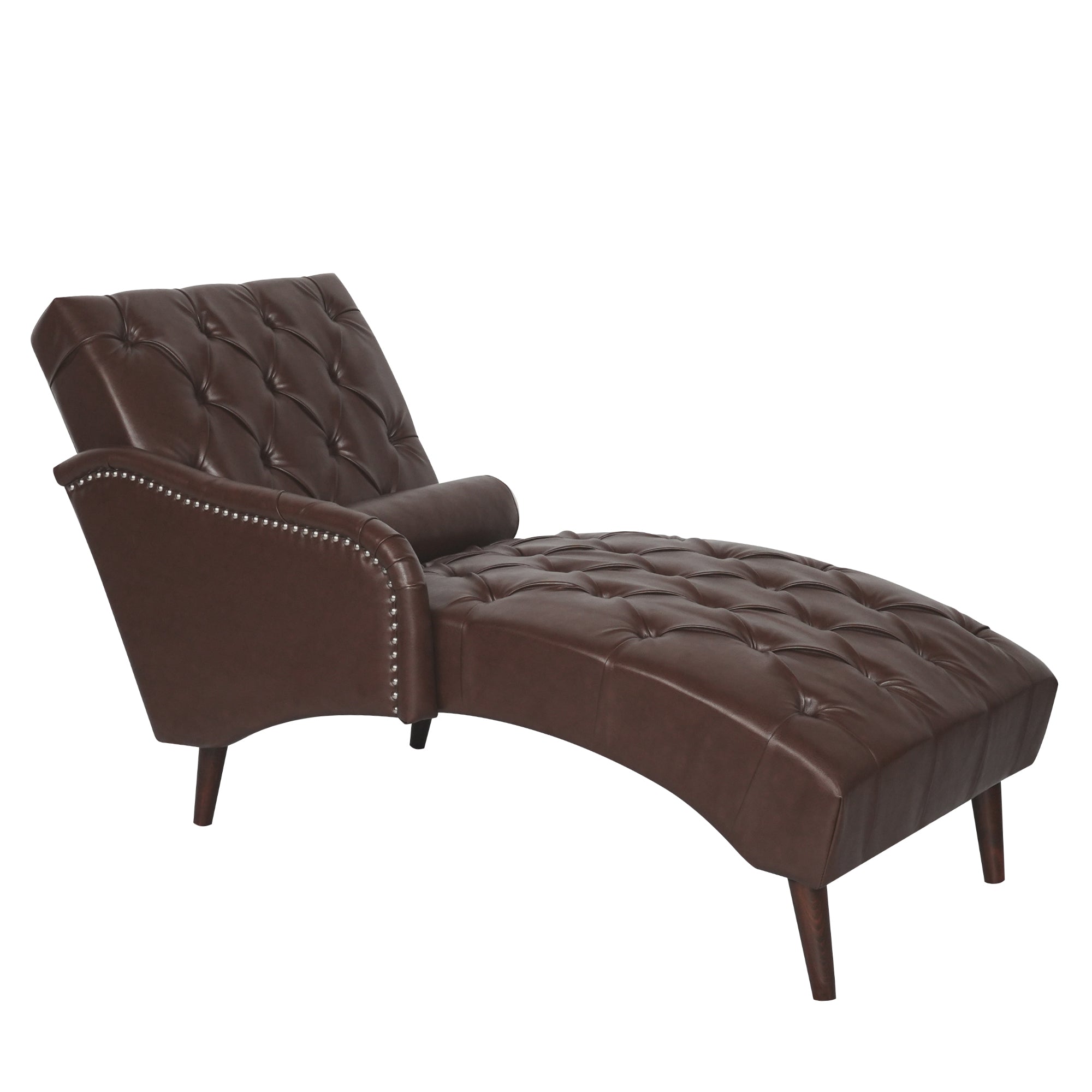 Dark Brown Faux Leather Chaise Lounge Arm Chair with Tufted Backrest and Pillow