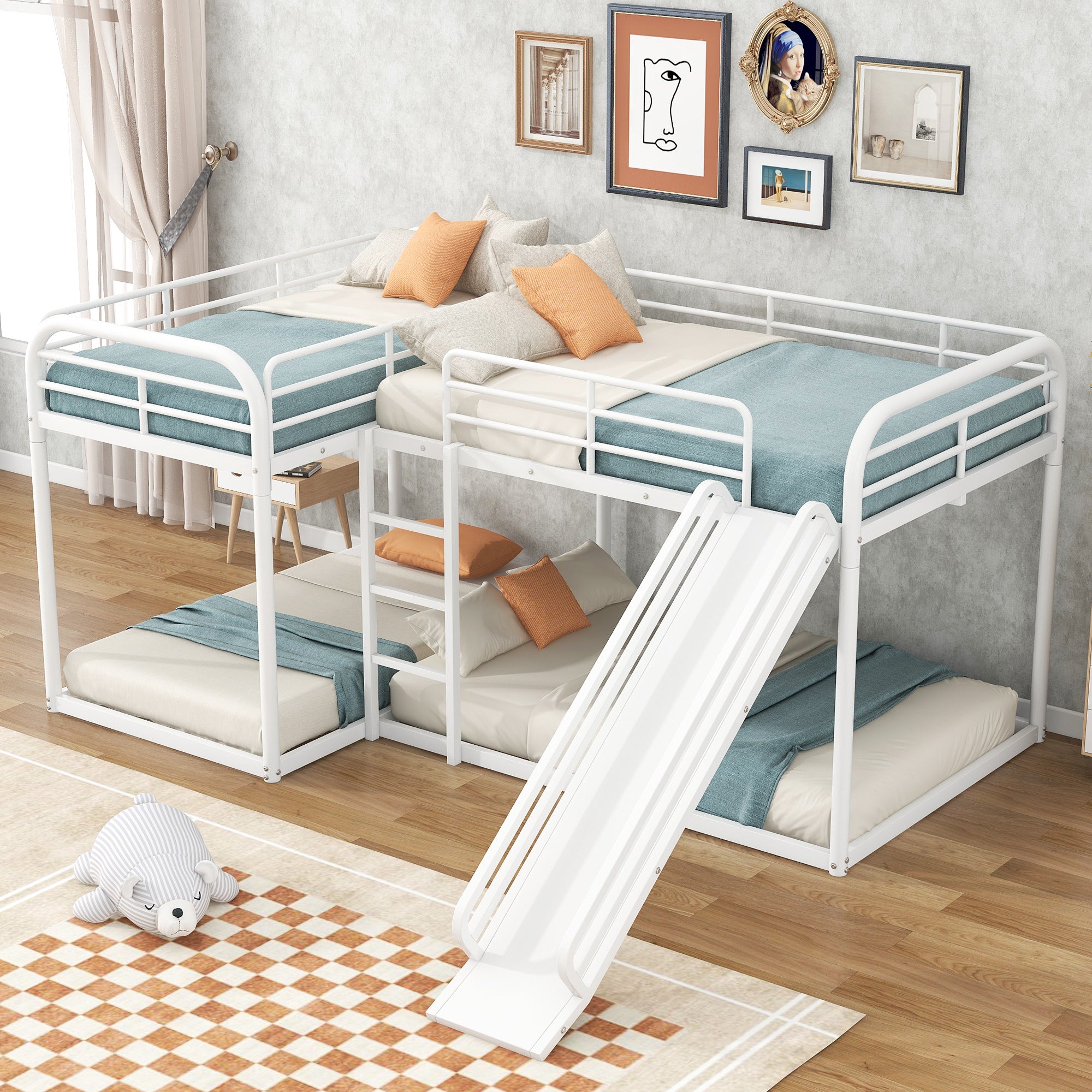 Full and Twin Size L-Shaped Bunk Bed with Slide and Short Ladder In White