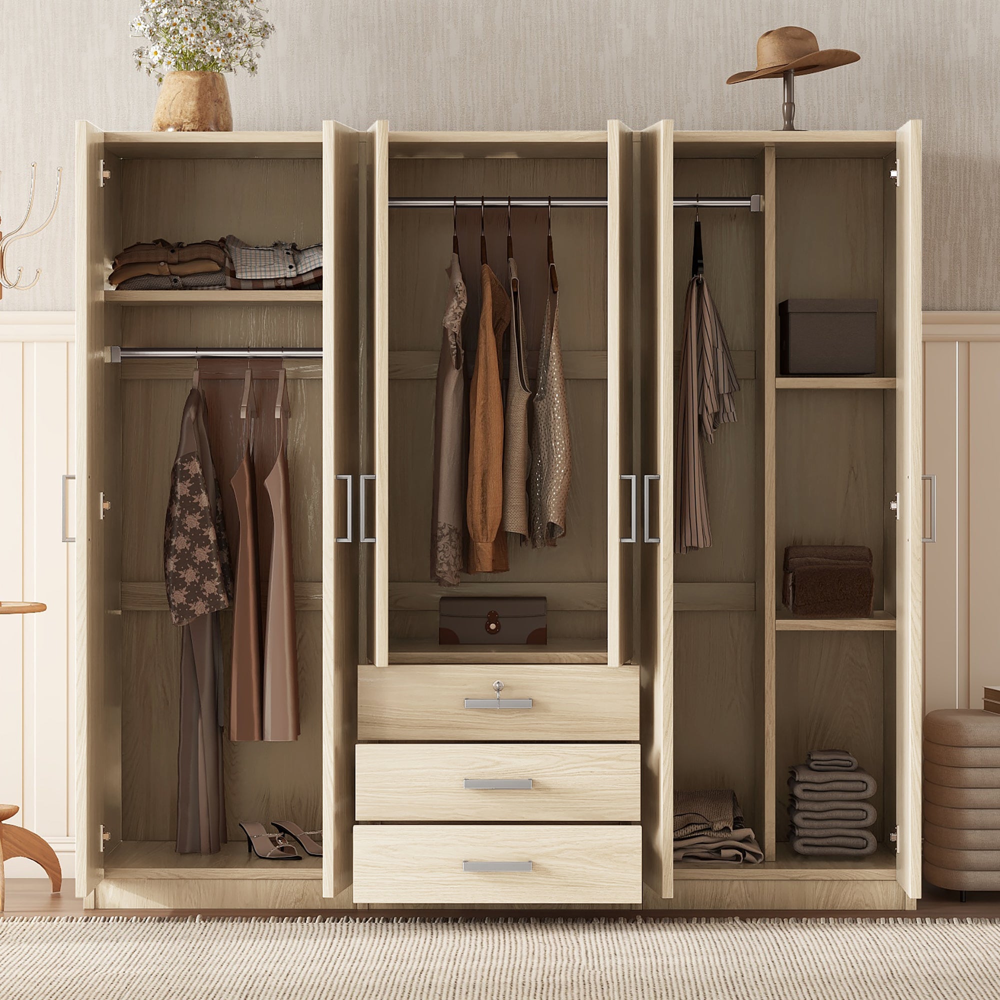 6-Doors Wooden Wardrobe Storage for Bedroom with Big Drawers In Gray