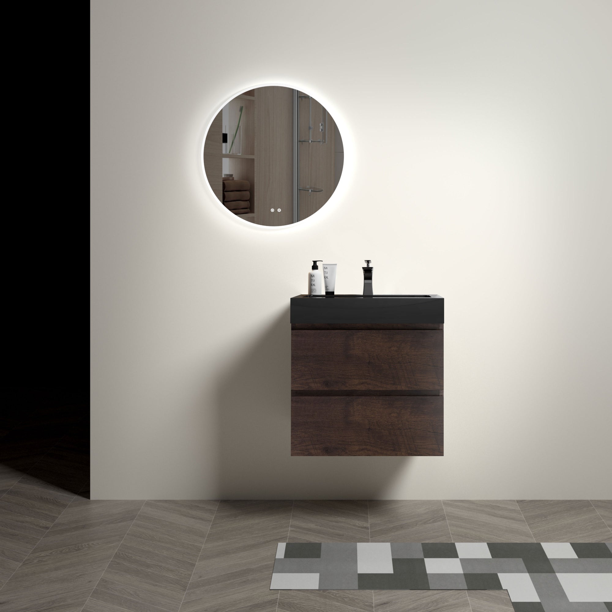 24 Walnut Bathroom Vanity with Sink Large Storage Floating Design One-Piece Black Basin Pre-assembled In Walnut