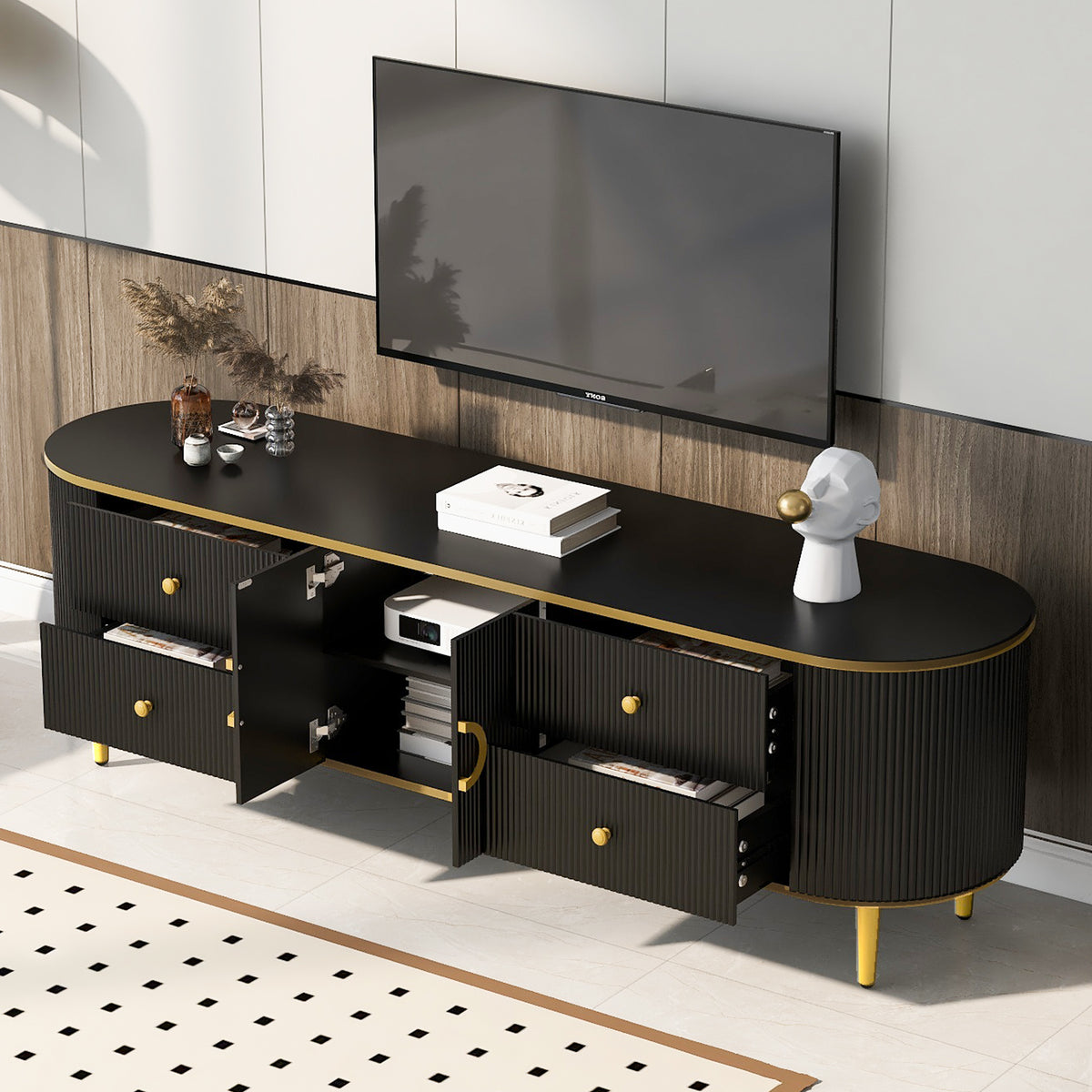 Modern Wood TV Stand with 4 Drawers and 1 Cabinet for TVs Up to 80 Inches In Black