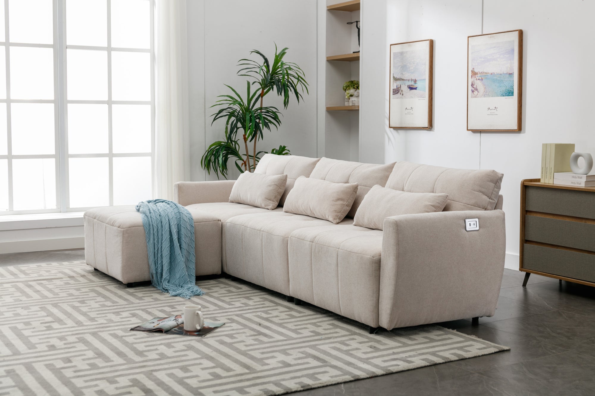 Khartoum Sectional Sofa with Movable Ottoman in Beige Chenille