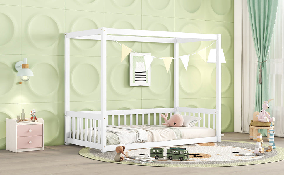 Twin Size White Canopy Frame Floor Bed with Fence and Guardrails