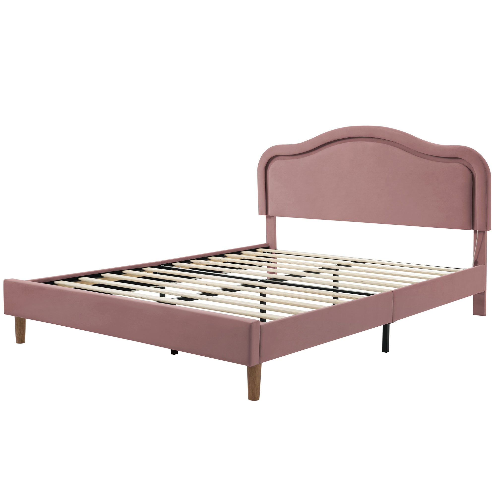 Pink Queen Bed Frame with Adjustable LED Lights and Velvet Upholstery