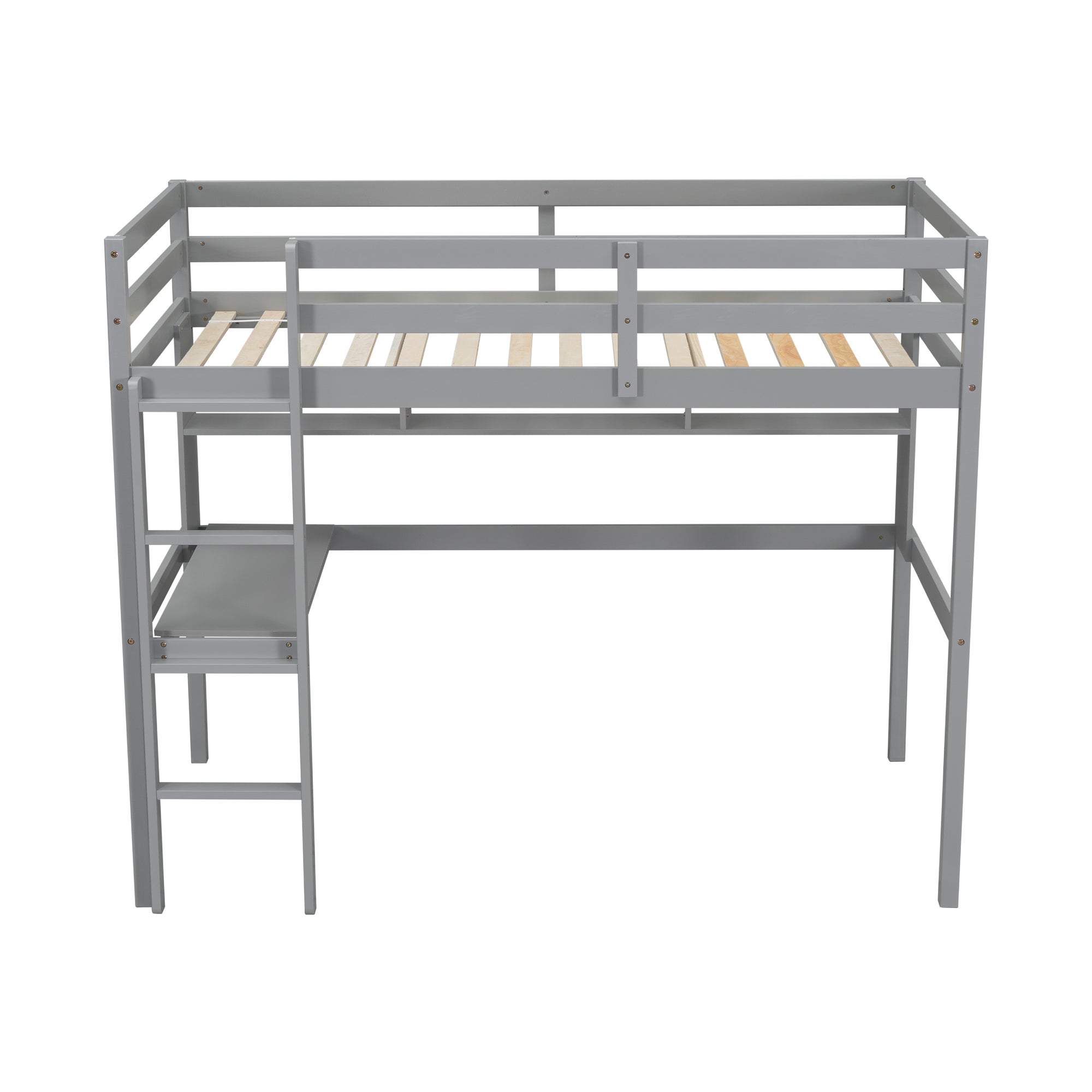 Gray Twin Loft Bed with Desk, Bookcase, and Safety Guardrail