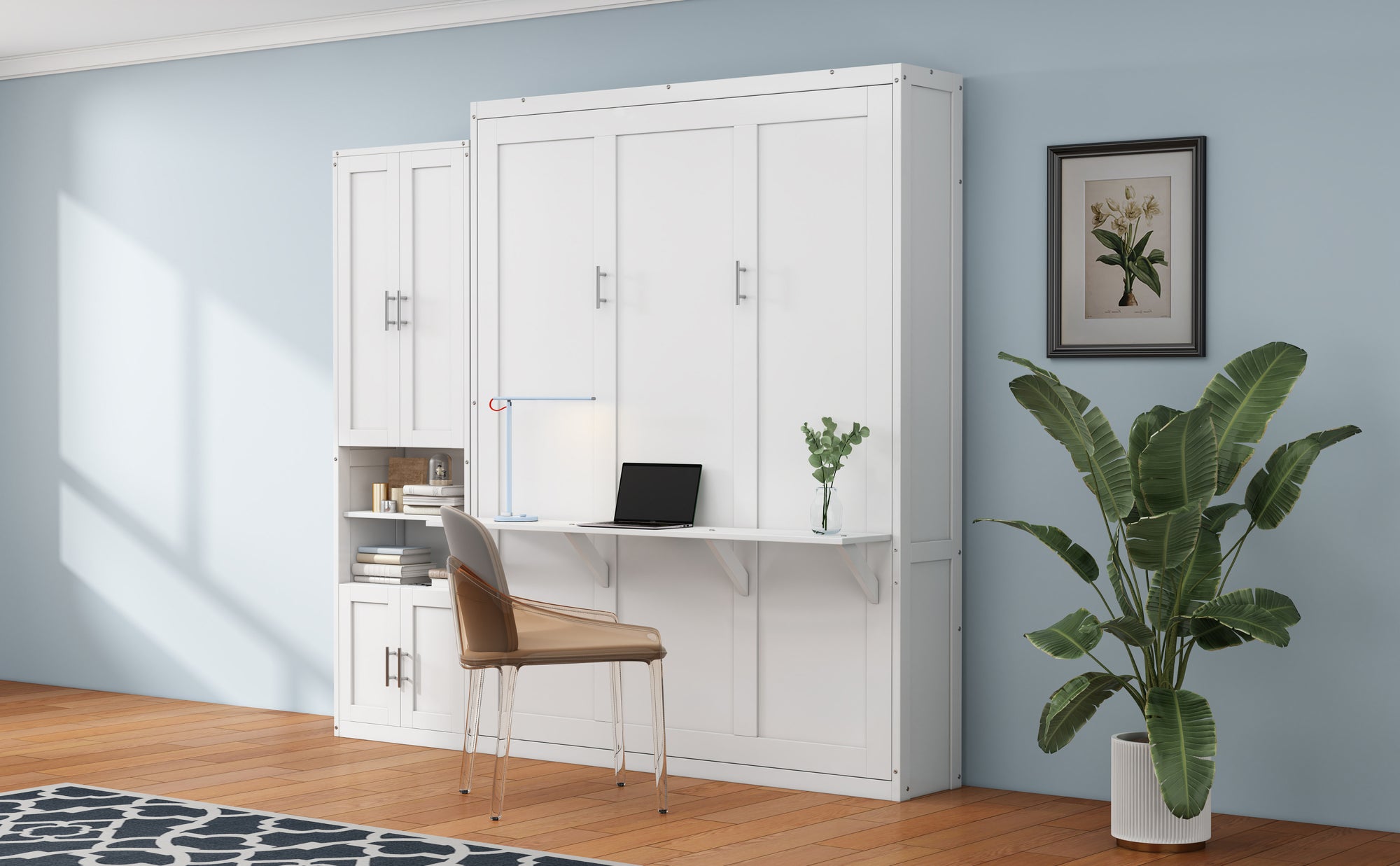 White Queen Size Murphy Bed with Cabinet, Desk, and Side Cabinet