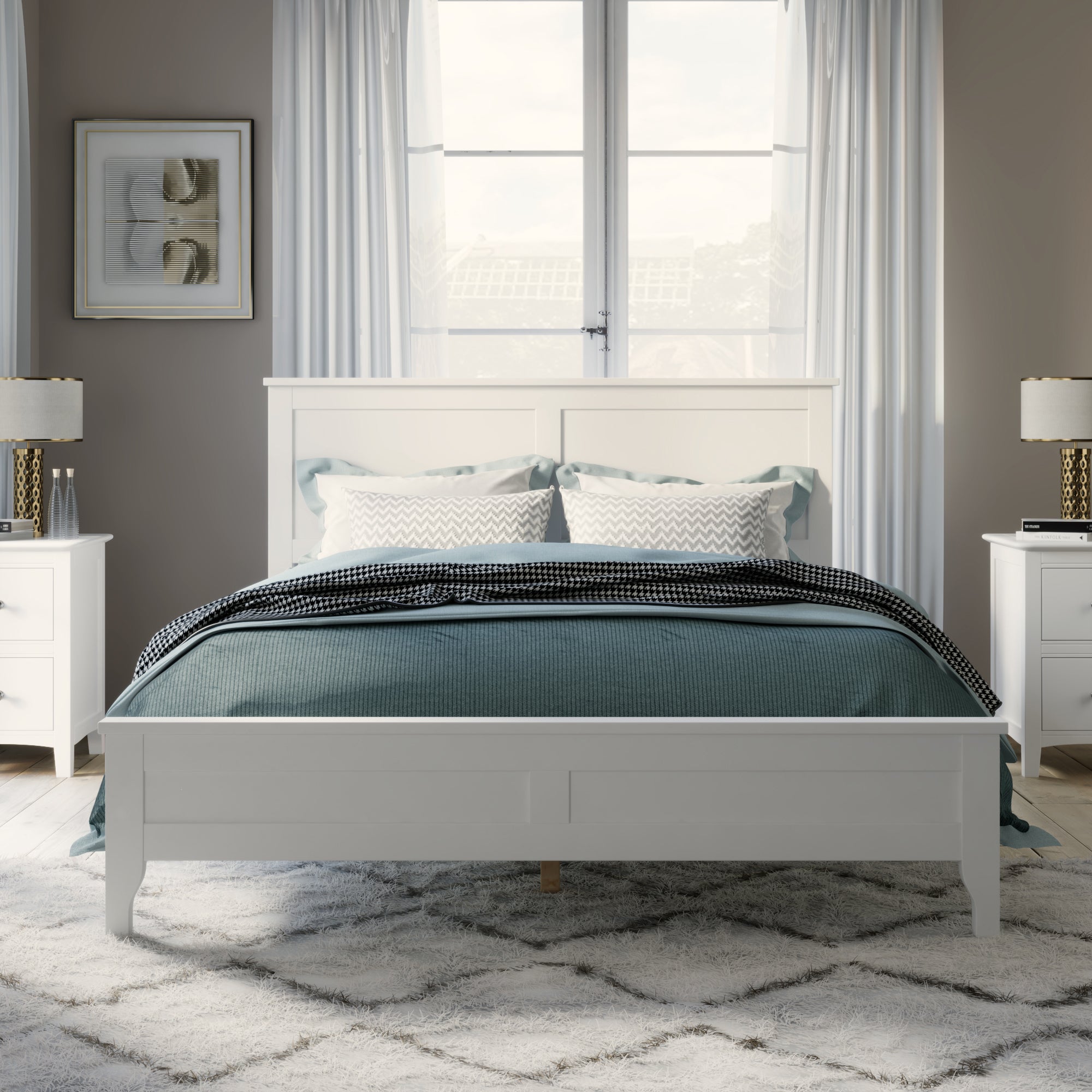 Solid Wood White King Size Wooden Platform Bed with Headboard