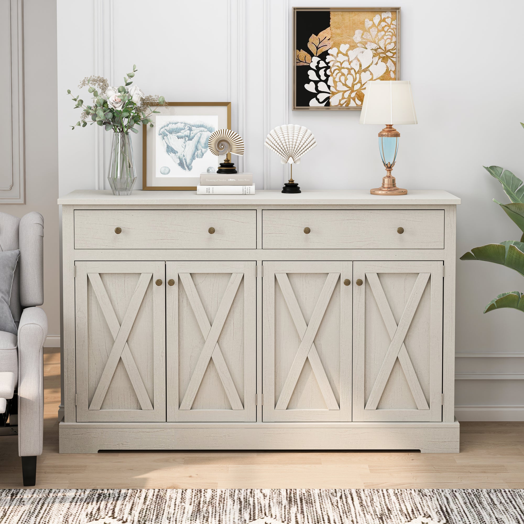 Vintage White Sideboard with Two Drawers and Four Doors for Living Room and Kitchen Storage Cabinet In Vintage White