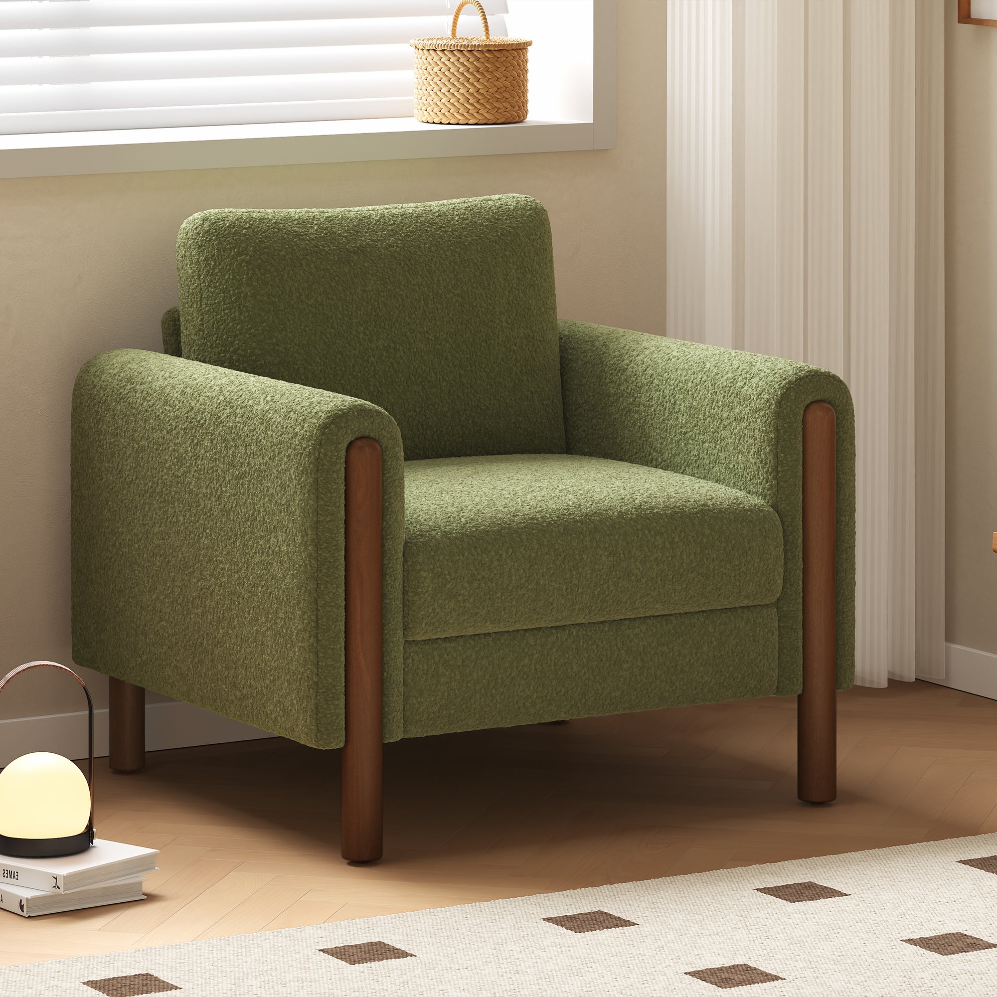 Oversized Accent Chair With Walnut Legs Upholstered In Green Teddy