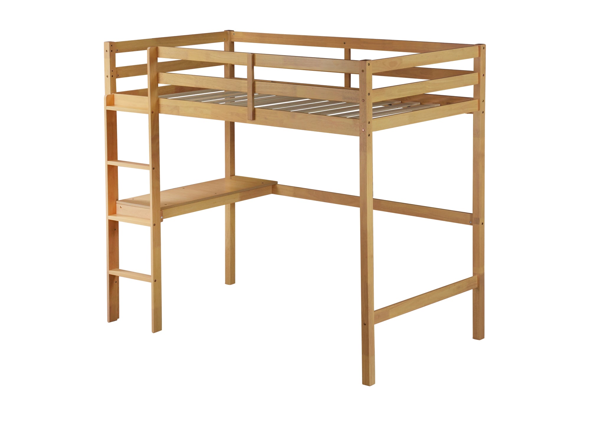 White Oak Twin High Loft Bed with Desk, Rubber Wood Frame