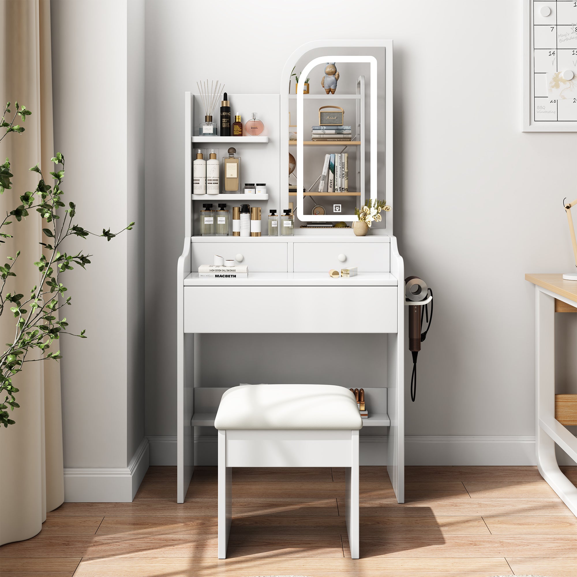 Vanity Desk with Mirror and Lights Adjustable Brightness and Hair Dryer Holder with Chair In White