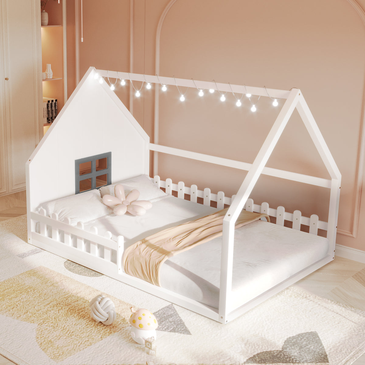 Full Size Wood House Bed with Window and Fence in White