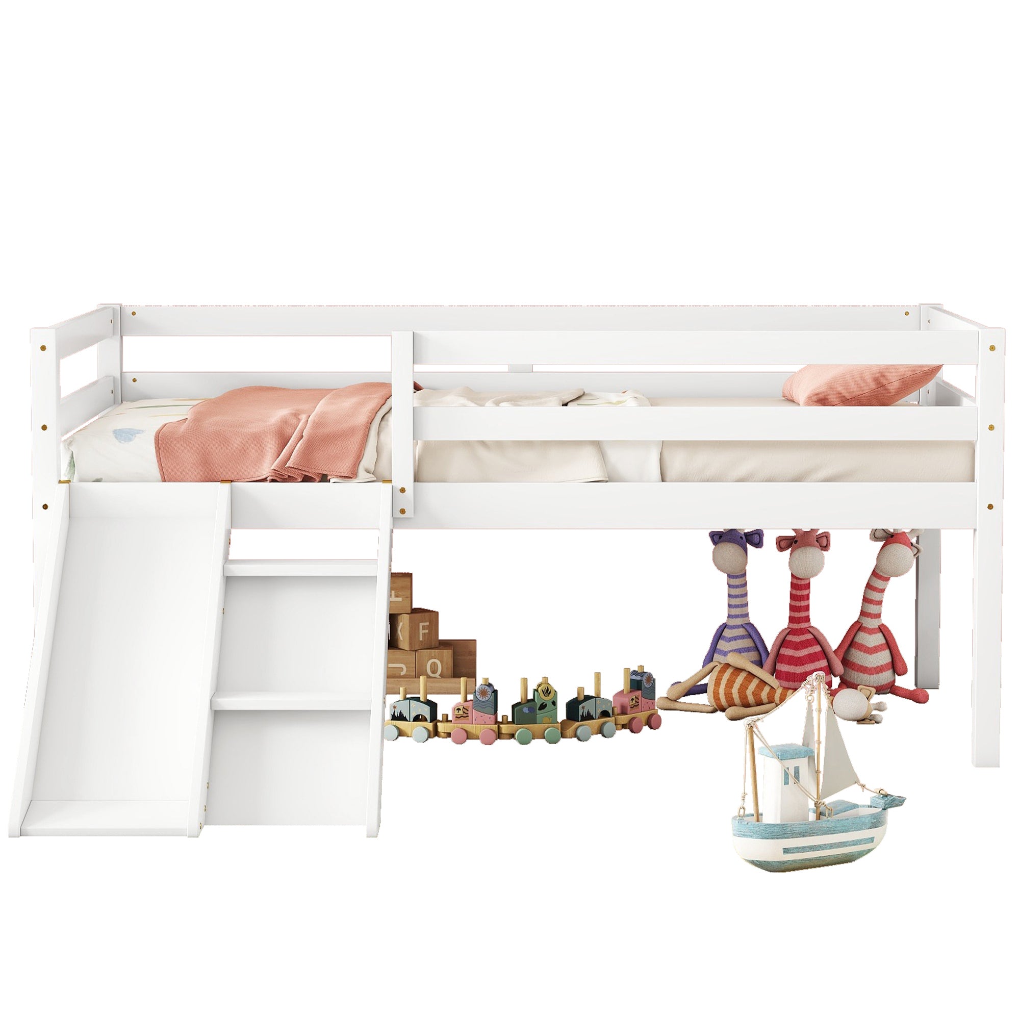 Twin Size Low Loft Bed with Slide, Ladder & Safety Guardrails in White