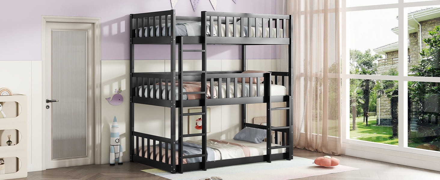 Black Twin Size Triple Rubber Wood Bunk Bed with Ladders and Detachable Design