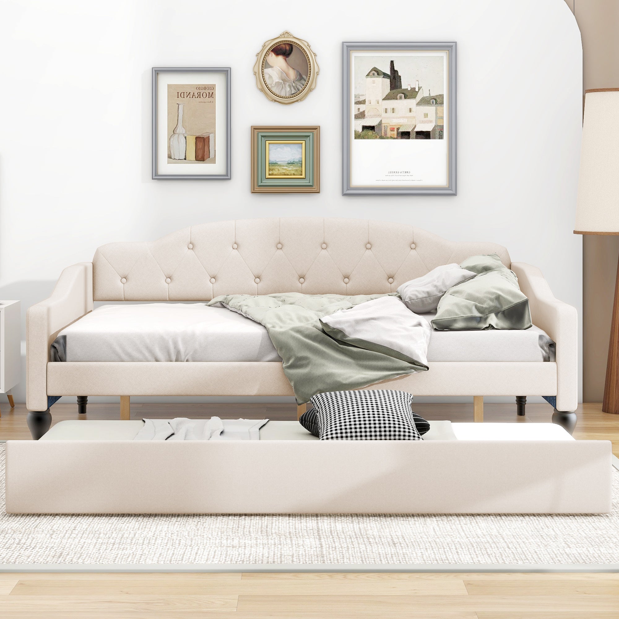 Full Size Upholstered Tufted Daybed with Twin Size Trundle In Beige