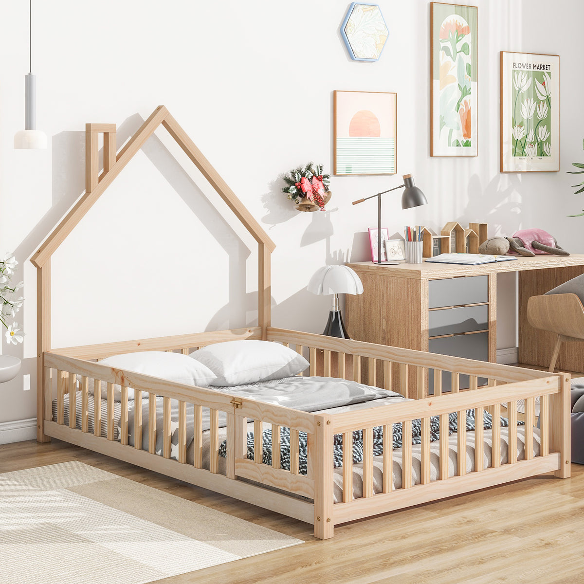 Natural Tone Full House-Shaped Headboard Floor Bed with Fence