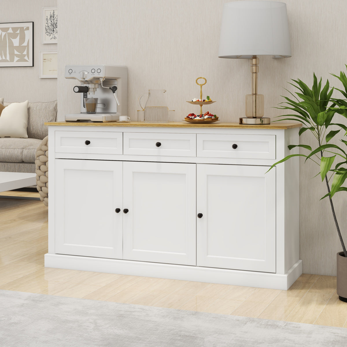 Buffet Cabinet Storage Sideboard Farmhouse Server Bar Wine Cabinet with 3 Drawers &amp; 3 Doors Adjustable Shelves In White